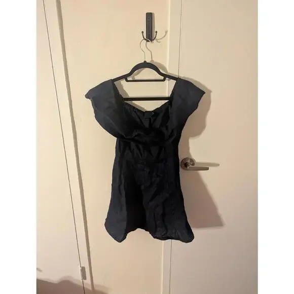 Reformation dark blue linen off-the-shoulder Landy dress - Picture 2 of 3